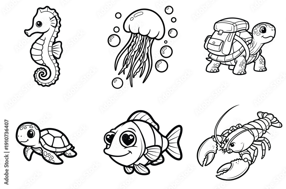 Obraz premium Whimsical line drawings of six ocean creatures in a playful underwater scene