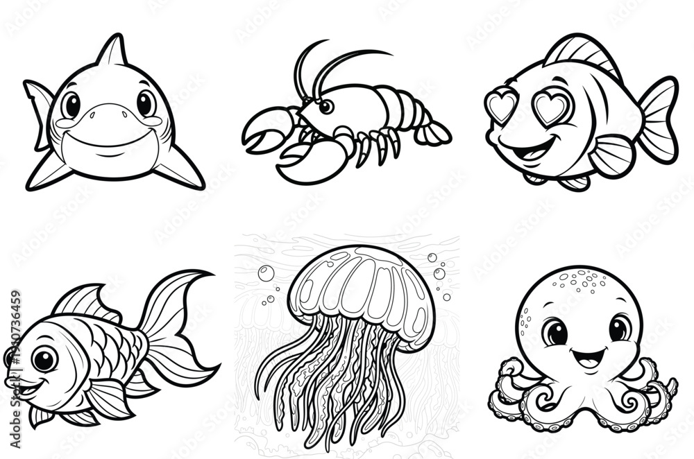 Obraz premium Whimsical cartoon illustrations of underwater sea creatures and marine life