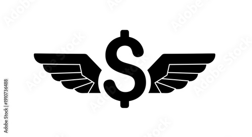 Black vector winged dollar sign icon, finance symbol, for business or marketing material, Isolated, png isolated on White Background