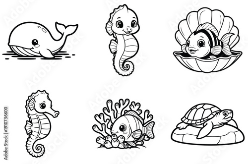 Whimsical underwater sea creatures and marine life illustrations