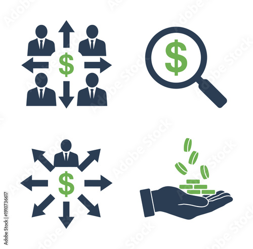 Vector graphics illustrate money exchange and financial transactions in a modern business setting
