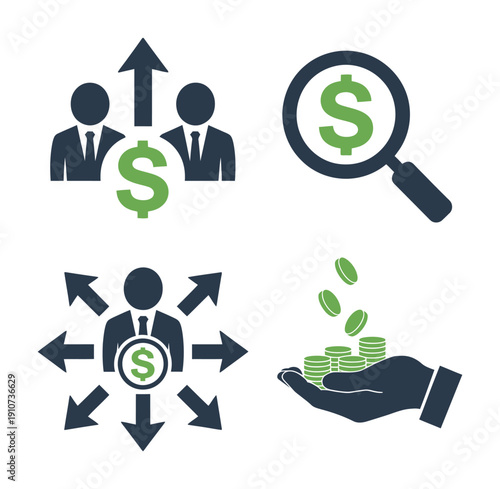 Vector graphic illustration depicting various money and business concepts together