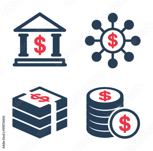 Vector illustration of various financial symbols including money icons in a graphic design
