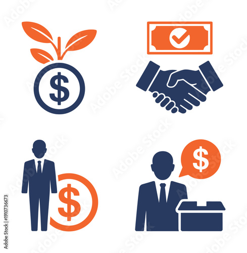 Vector graphic illustration of various business and finance icons and symbols