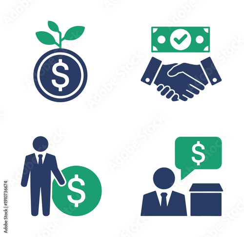 Vector illustration of four icons representing financial and business concepts clearly