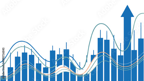 Bar chart with upward trending arrow and moving averages on white background