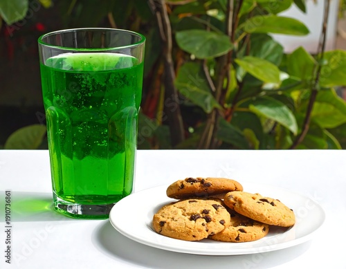 Refreshing Green Drink and Delicious Chocolate Chip Cookies.