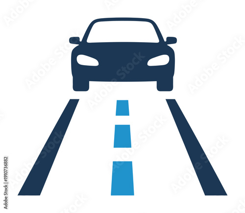 Vector graphic of a car driving down a road with dashed lines