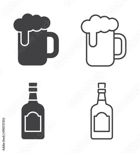 Vector graphic illustration of alcohol icons including beer and liquor bottles
