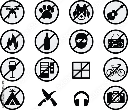 Massive collection of minimalist black and white prohibition icons for public and private property.