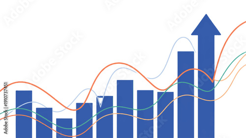 Abstract blue bar chart with rising arrow and overlaying trend lines against white background
