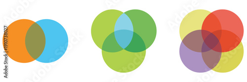 Venn diagram icons in modern vector style showing overlapping circles for infographic design, comparison, and analysis