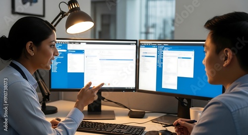 Side Profile of Colleagues Collaborating on Dual Monitors in Low Light