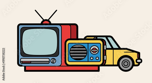 Retro television, radio, and automobile illustration showcasing vintage electronics and transportation on a flatbed truck from a side view