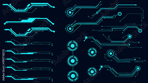 Abstract glowing cyan circuit board elements on a dark background