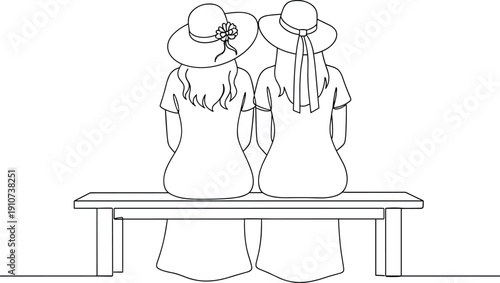 Two Women in Sun Hats Sitting on a Bench Back View One Line Drawing Minimalist Vector Illustration for Summer Lifestyle Design