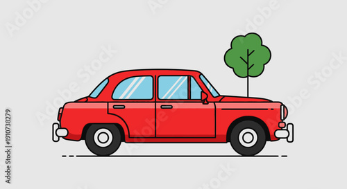 Red car illustration with a tree beside it on a plain background viewed from the side