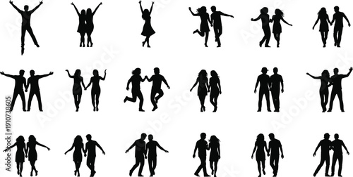 Set of Happy Couples Silhouettes Front View Holding Hands Walking Jumping and Dancing for Romance Love and Relationship Concept Design