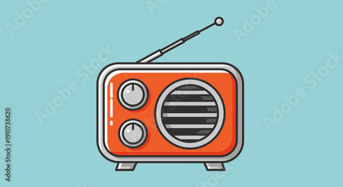 Vintage orange radio illustration on a blue background viewed from the front