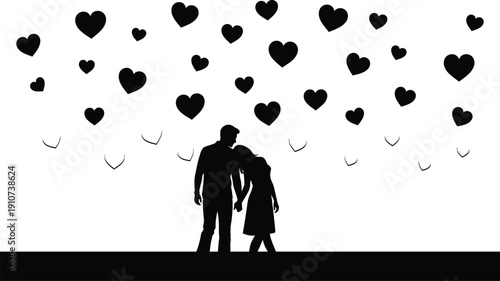 Silhouette of a loving couple under a shower of hearts and butterflies