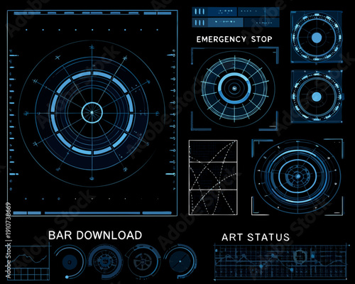 Futuristic interface display with radar controls and data visualizations