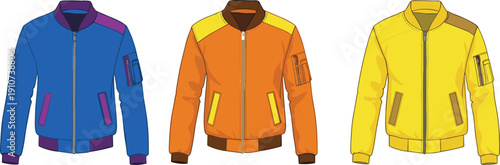 Set of Bomber Jacket Flat Vector Illustration Front View in Blue Orange and Yellow Colors for Men Fashion Apparel Design Concept