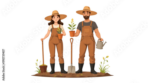 Man and Woman Gardeners in Overalls with Shovels and Plants on Transparent Background PNG for Gardening and Agriculture Services