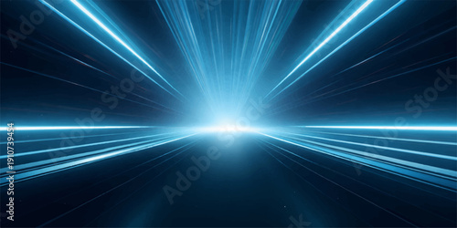 A glowing blue abstract background features a bright light burst and energy rays, resembling a cosmic star explosion or a disco laser design with motion speed and a shining flare