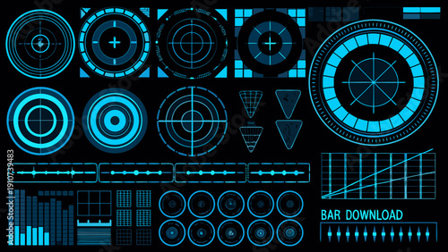 Abstract blue targeting reticles scopes and data visualization elements