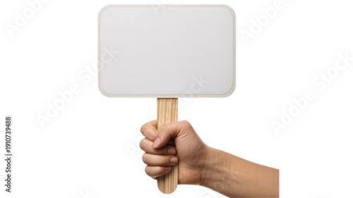 Hand holding blank sign on wooden stick against transparent background
