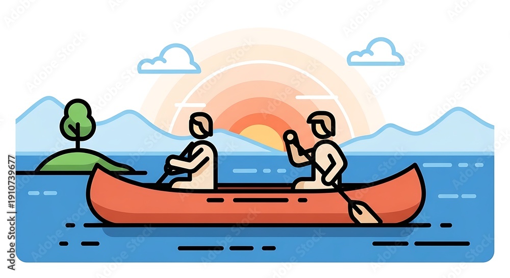 Fototapeta premium Two people paddling a canoe on a lake at sunset with mountains and an island