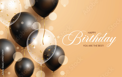 Happy birthday clip art banner design. Happy birthday greeting text in elegant background with black and transparent shiny balloons clip art banner card template. Vector illustration.  

