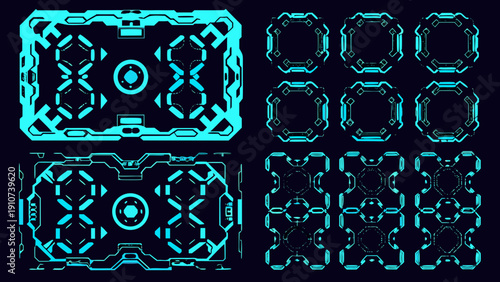 Futuristic interface elements with glowing cyan lines on a dark background
