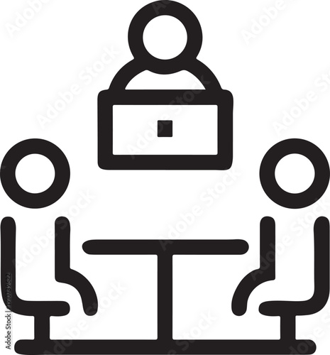 Business meeting icon with three people sitting around table and computer laptop at office