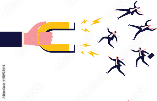 Talent magnet business concept vector showing hand holding magnet attracting professional employees for recruitment and HR
