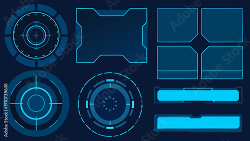 Futuristic user interface elements with glowing blue lines on a dark background