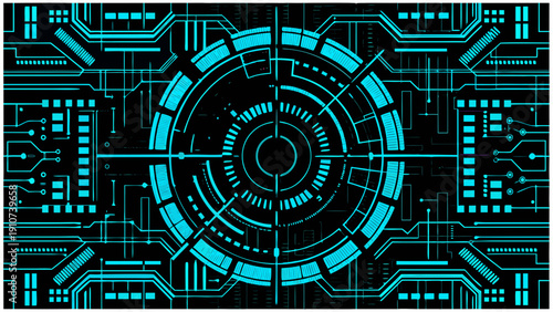 Abstract technological circuit board with a central targeting reticle