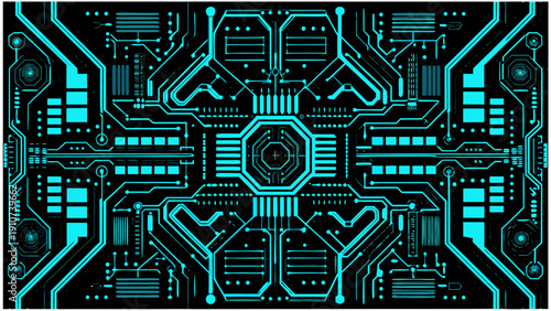 Intricate circuit board pattern with glowing blue lines on black background