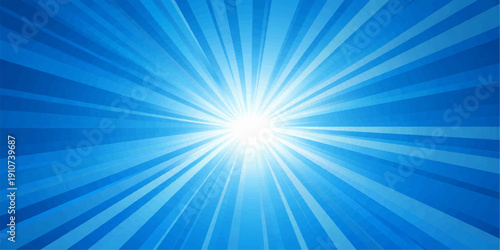 A bright blue sunburst backdrop features a summer sky pattern with glowing light beams and shining star rays creating a vector burst illustration