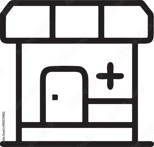 Pharmacy building storefront icon with medical cross symbol and entrance door line design
