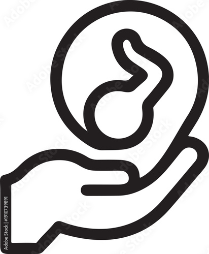 Medical care hand icon holding protective sphere with human fetus embryo inside graphics