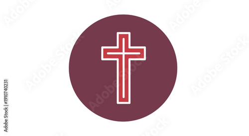 Christian Cross Symbol on Maroon Circle.