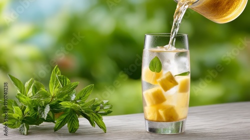 Refreshing Tropical Delight: Pouring a refreshing drink, with refreshing green mint and juicy yellow pineapple chunks, into a tall glass, set against a backdrop of vibrant green foliage.
