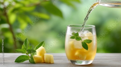 Golden Elixir: A refreshing scene captures the pouring of a vibrant beverage into a glass filled with ice, garnished with fresh mint, alongside cut pineapple pieces, evoking the essence of summer.