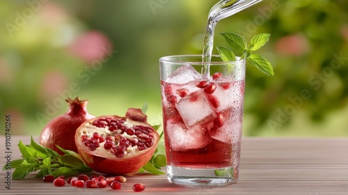 Pomegranate Infusion: A refreshing glass of vibrant pomegranate juice, perfectly chilled with ice cubes, is being poured. Alongside, a ripe pomegranate, halved to reveal its juicy seeds, sits.