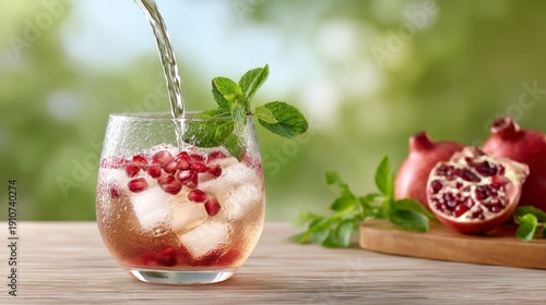 Pomegranate Elixir Refreshment: A delightful concoction featuring pomegranate seeds and mint sprigs. The image showcases the beauty and refreshment of the drink.