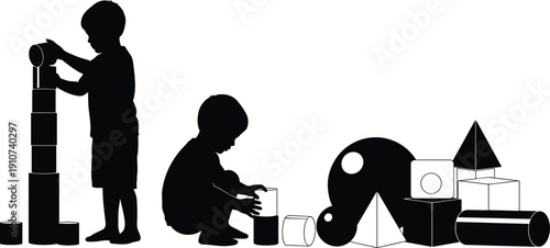 Kids playing with geometric blocks and shapes silhouette vector illustration educational preschool learning activity concept design