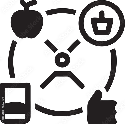 Healthy lifestyle icons apple shopping cart person and phone for wellness and fitness concept