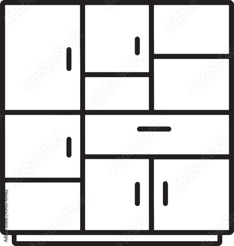Simple line drawing of a kitchen cabinet with doors and drawers