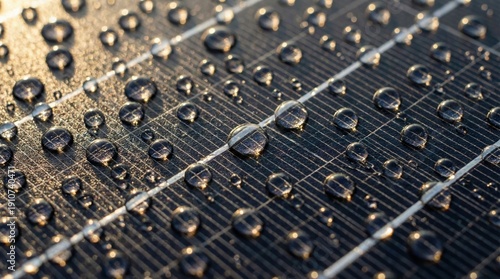 Extreme macro of monocrystalline silicon solar cells with morning dew drops for green energy